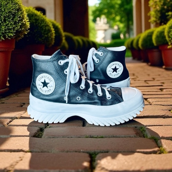 Converse All Star Black and White High-Top Platform Sneakers, Leather Upper. - Picture 8 of 11